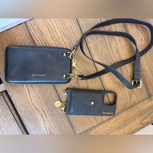 Bandolier Black Leather Phone Case with Gold Chain and pouch with strap
